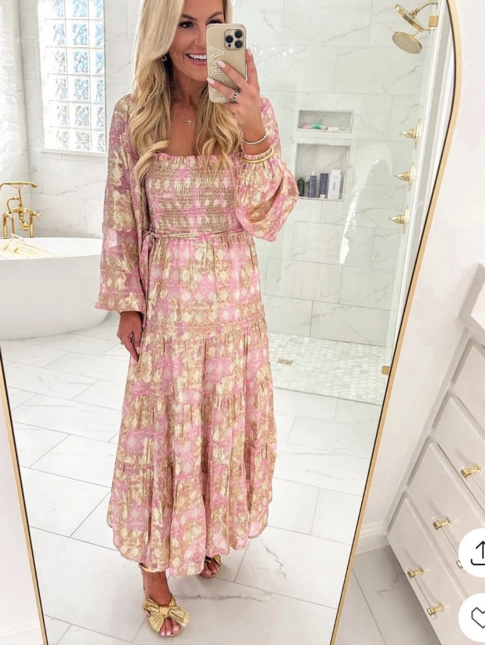 A Loves A Smocked Pink Gold Lurex Metallic Trellis Floral Maxi Dress S